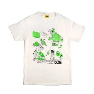 White T-shirt with doseland mushroom house and elves