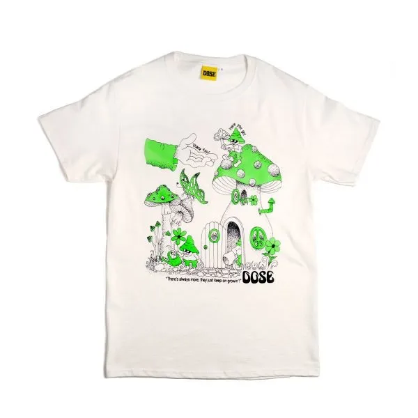 White T-shirt with doseland mushroom house and elves